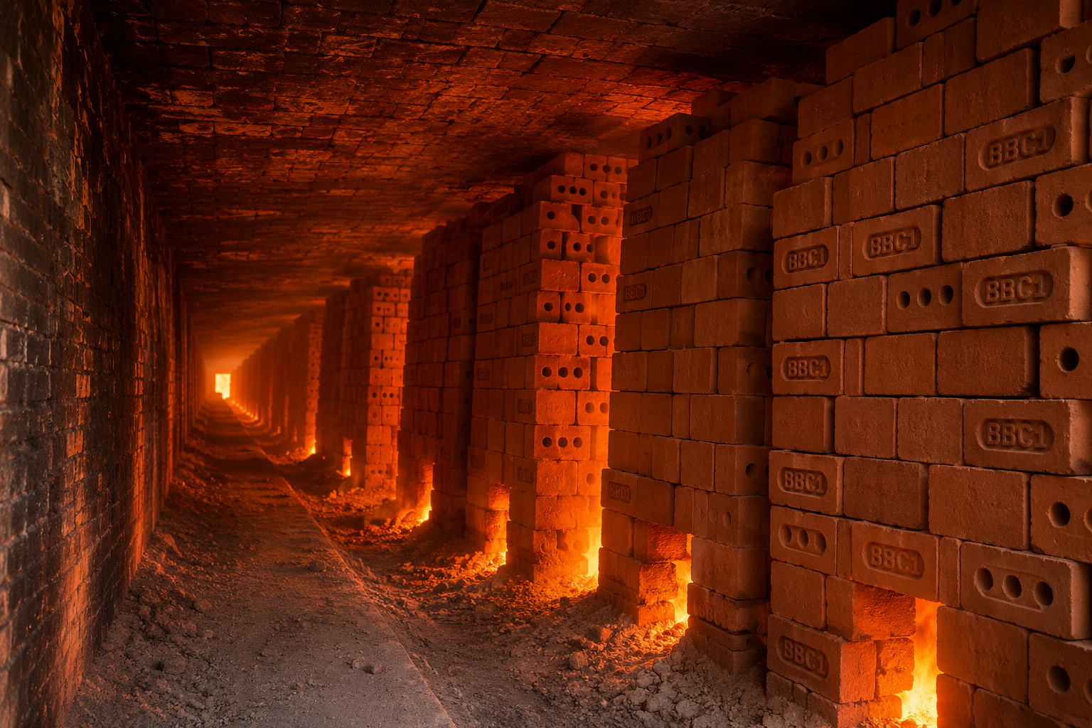 Inside BBC1 Zigzag kiln during firing with BBC1 bricks stacked near flames