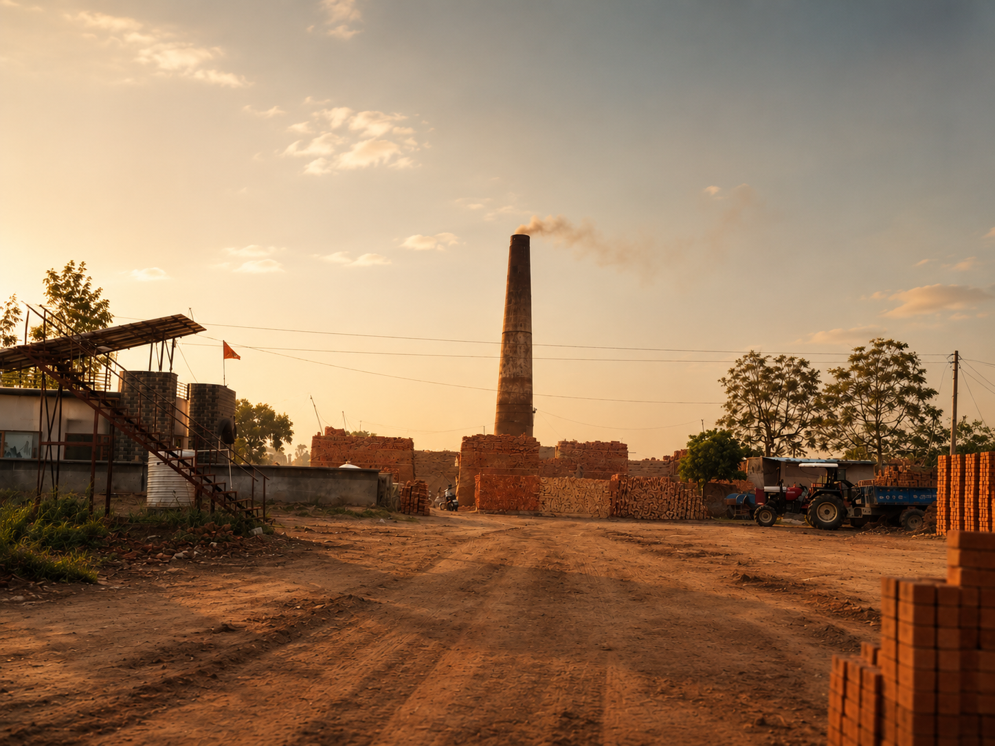 BBC1 Zigzag kiln yard at golden hour — Bhuna, Haryana
